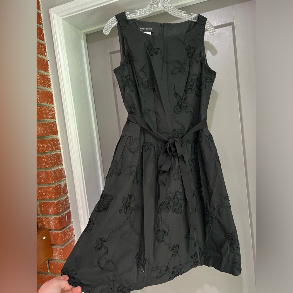 Black midi dress with floral ribbon embroidered design